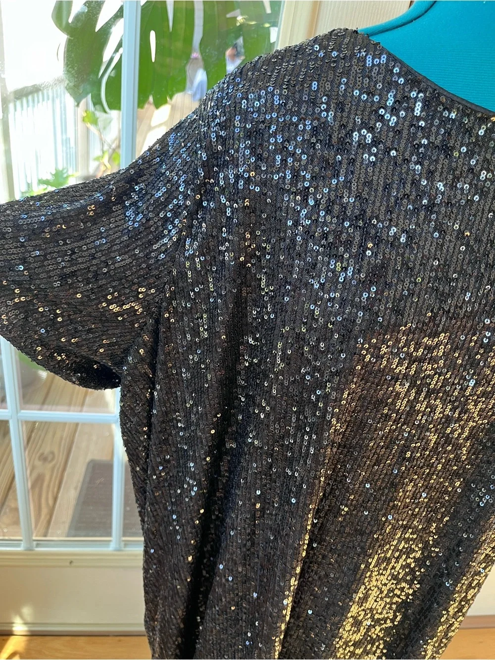 Ophelia Roe Black Sequin Midi Dress with Short Sleeves